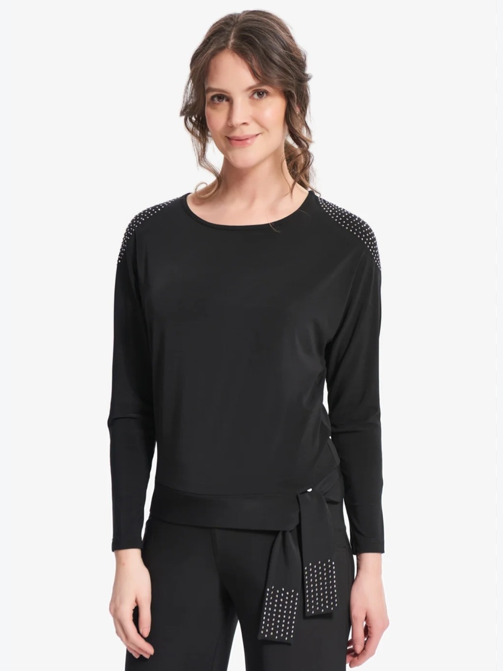 Joseph Ribkoff Black Studded Waist-Tie Long Sleeve Top like new condition